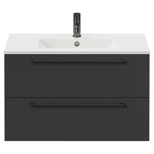 Napoli Gloss Grey 800mm Wall Mounted Vanity Unit with 1 Tap Hole Minimalist Basin and 2 Drawers with Gunmetal Grey Handles Front View