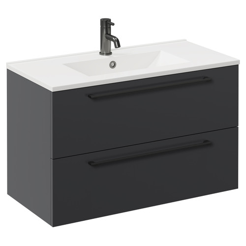 Napoli Gloss Grey 800mm Wall Mounted Vanity Unit with 1 Tap Hole Minimalist Basin and 2 Drawers with Gunmetal Grey Handles Left Hand View