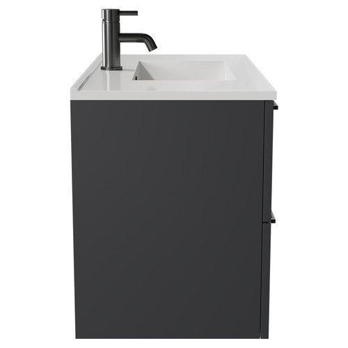 Napoli Gloss Grey 800mm Wall Mounted Vanity Unit with 1 Tap Hole Minimalist Basin and 2 Drawers with Gunmetal Grey Handles Side View