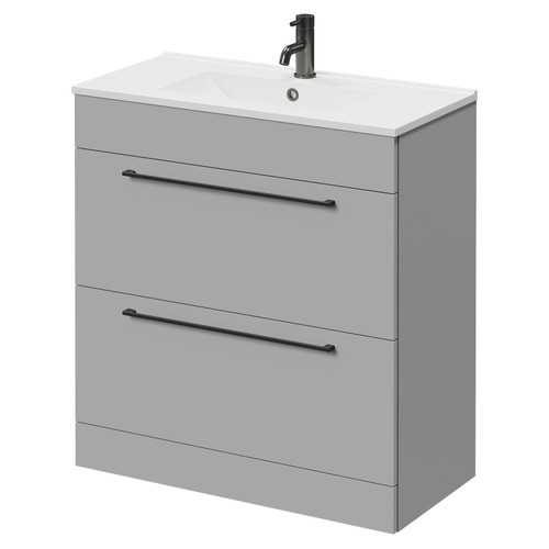 Napoli Gloss Grey Pearl 800mm Floor Standing Vanity Unit with 1 Tap Hole Minimalist Basin and 2 Drawers with Gunmetal Grey Handles Right Hand View