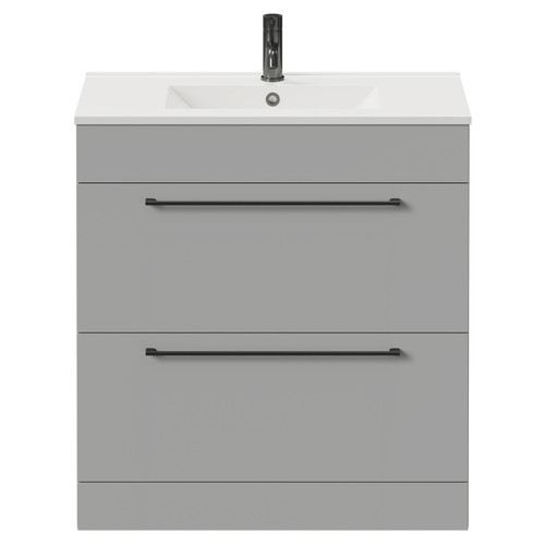 Napoli Gloss Grey Pearl 800mm Floor Standing Vanity Unit with 1 Tap Hole Minimalist Basin and 2 Drawers with Gunmetal Grey Handles Front View