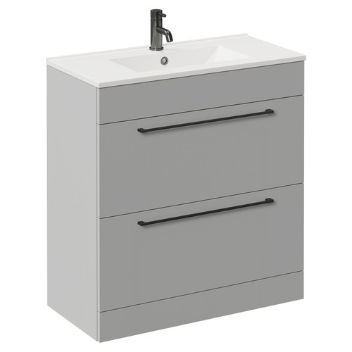 Napoli Gloss Grey Pearl 800mm Floor Standing Vanity Unit with 1 Tap Hole Minimalist Basin and 2 Drawers with Gunmetal Grey Handles Left Hand View