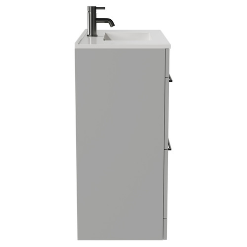 Napoli Gloss Grey Pearl 800mm Floor Standing Vanity Unit with 1 Tap Hole Minimalist Basin and 2 Drawers with Gunmetal Grey Handles Side View