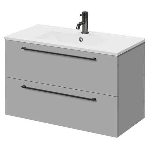 Napoli Gloss Grey Pearl 800mm Wall Mounted Vanity Unit with 1 Tap Hole Minimalist Basin and 2 Drawers with Gunmetal Grey Handles Right Hand View