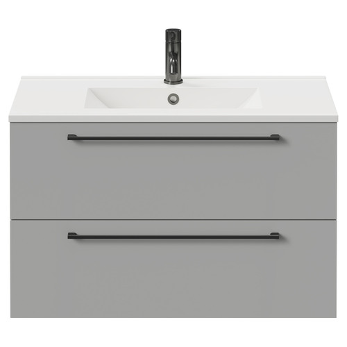 Napoli Gloss Grey Pearl 800mm Wall Mounted Vanity Unit with 1 Tap Hole Minimalist Basin and 2 Drawers with Gunmetal Grey Handles Front View