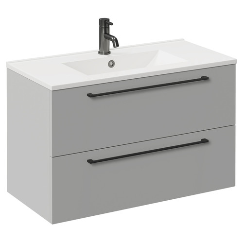 Napoli Gloss Grey Pearl 800mm Wall Mounted Vanity Unit with 1 Tap Hole Minimalist Basin and 2 Drawers with Gunmetal Grey Handles Left Hand View