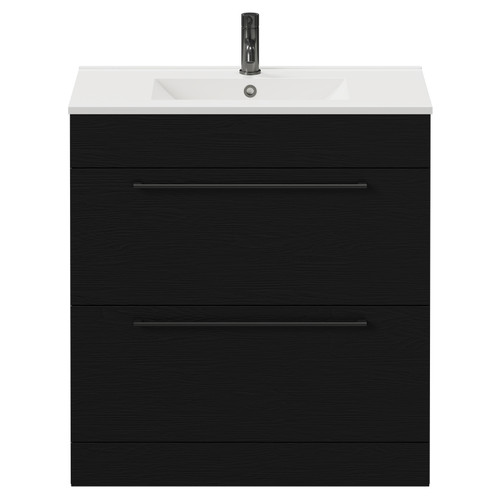 Napoli Nero Oak 800mm Floor Standing Vanity Unit with 1 Tap Hole Minimalist Basin and 2 Drawers with Gunmetal Grey Handles Front View