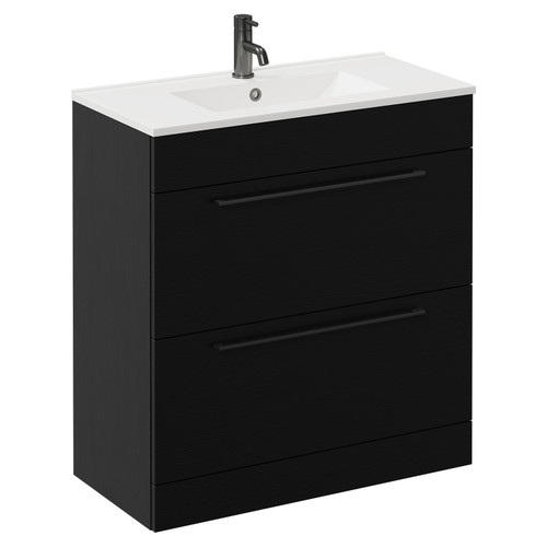 Napoli Nero Oak 800mm Floor Standing Vanity Unit with 1 Tap Hole Minimalist Basin and 2 Drawers with Gunmetal Grey Handles Left Hand View