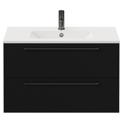 Napoli Nero Oak 800mm Wall Mounted Vanity Unit with 1 Tap Hole Minimalist Basin and 2 Drawers with Gunmetal Grey Handles Front View