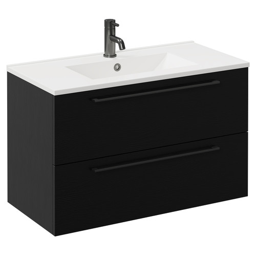 Napoli Nero Oak 800mm Wall Mounted Vanity Unit with 1 Tap Hole Minimalist Basin and 2 Drawers with Gunmetal Grey Handles Left Hand View