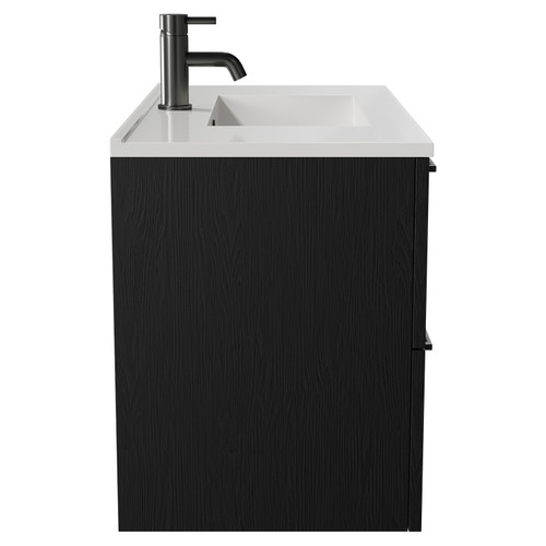 Napoli Nero Oak 800mm Wall Mounted Vanity Unit with 1 Tap Hole Minimalist Basin and 2 Drawers with Gunmetal Grey Handles Side View