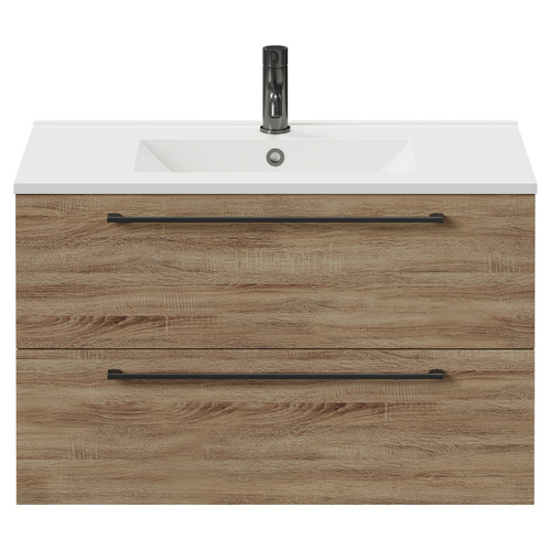 Napoli Bordalino Oak 800mm Wall Mounted Vanity Unit with 1 Tap Hole Minimalist Basin and 2 Drawers with Gunmetal Grey Handles Front View