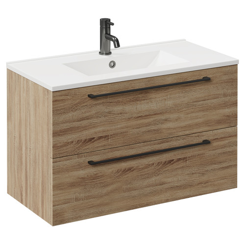 Napoli Bordalino Oak 800mm Wall Mounted Vanity Unit with 1 Tap Hole Minimalist Basin and 2 Drawers with Gunmetal Grey Handles Left Hand View