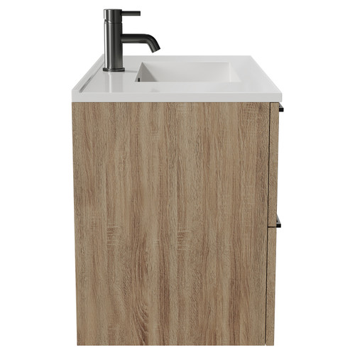 Napoli Bordalino Oak 800mm Wall Mounted Vanity Unit with 1 Tap Hole Minimalist Basin and 2 Drawers with Gunmetal Grey Handles Side View