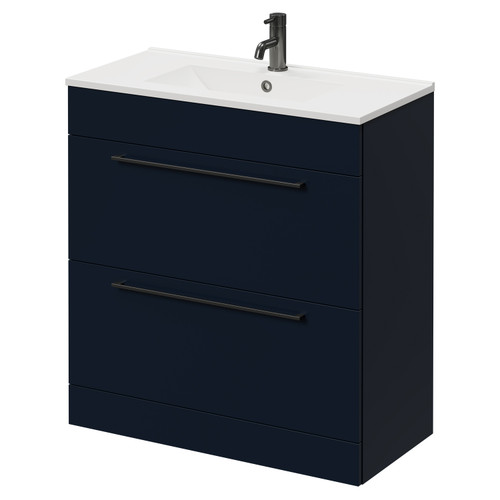 Napoli Deep Blue 800mm Floor Standing Vanity Unit with 1 Tap Hole Minimalist Basin and 2 Drawers with Gunmetal Grey Handles Right Hand View