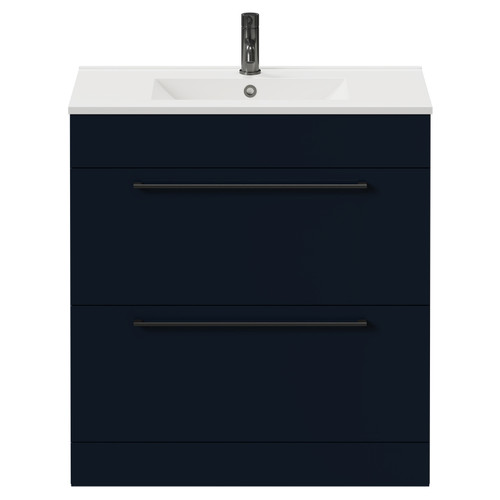 Napoli Deep Blue 800mm Floor Standing Vanity Unit with 1 Tap Hole Minimalist Basin and 2 Drawers with Gunmetal Grey Handles Front View