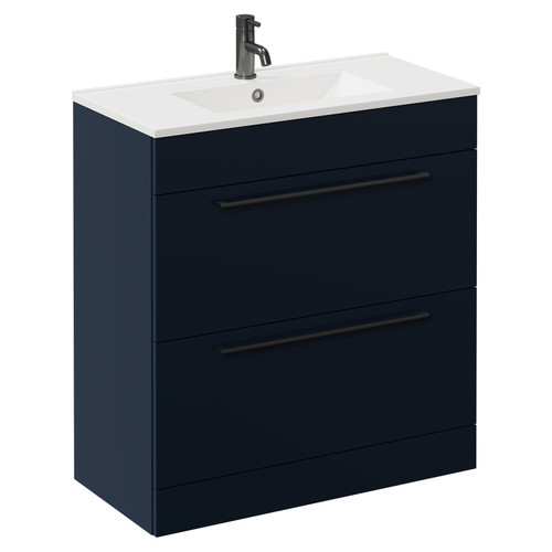 Napoli Deep Blue 800mm Floor Standing Vanity Unit with 1 Tap Hole Minimalist Basin and 2 Drawers with Gunmetal Grey Handles Left Hand View