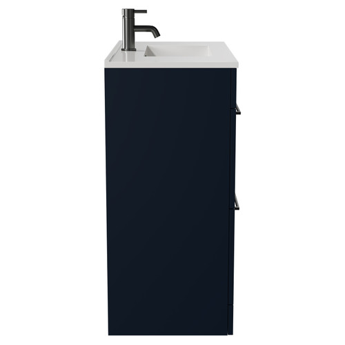 Napoli Deep Blue 800mm Floor Standing Vanity Unit with 1 Tap Hole Minimalist Basin and 2 Drawers with Gunmetal Grey Handles Side View