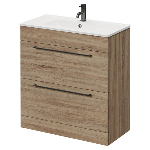Napoli Bordalino Oak 800mm Floor Standing Vanity Unit with 1 Tap Hole Minimalist Basin and 2 Drawers with Gunmetal Grey Handles Right Hand View