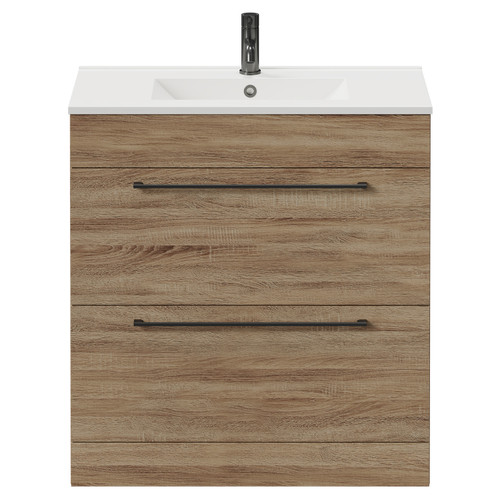 Napoli Bordalino Oak 800mm Floor Standing Vanity Unit with 1 Tap Hole Minimalist Basin and 2 Drawers with Gunmetal Grey Handles Front View