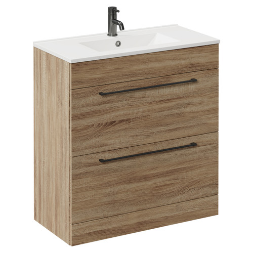 Napoli Bordalino Oak 800mm Floor Standing Vanity Unit with 1 Tap Hole Minimalist Basin and 2 Drawers with Gunmetal Grey Handles Left Hand View