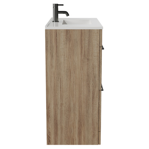 Napoli Bordalino Oak 800mm Floor Standing Vanity Unit with 1 Tap Hole Minimalist Basin and 2 Drawers with Gunmetal Grey Handles Side View