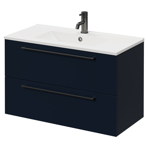 Napoli Deep Blue 800mm Wall Mounted Vanity Unit with 1 Tap Hole Minimalist Basin and 2 Drawers with Gunmetal Grey Handles Right Hand View