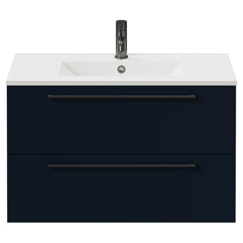 Napoli Deep Blue 800mm Wall Mounted Vanity Unit with 1 Tap Hole Minimalist Basin and 2 Drawers with Gunmetal Grey Handles Front View