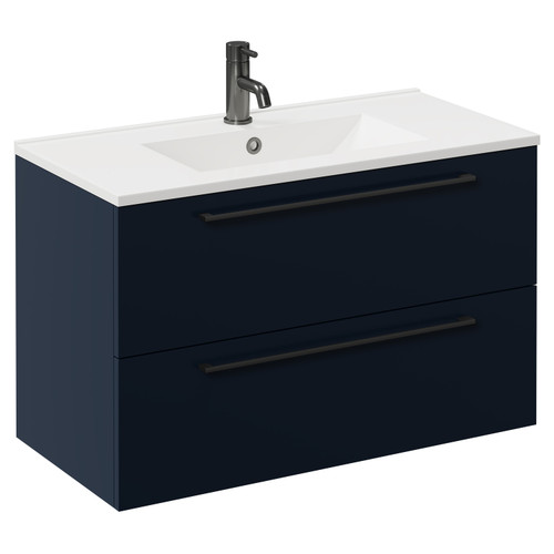 Napoli Deep Blue 800mm Wall Mounted Vanity Unit with 1 Tap Hole Minimalist Basin and 2 Drawers with Gunmetal Grey Handles Left Hand View