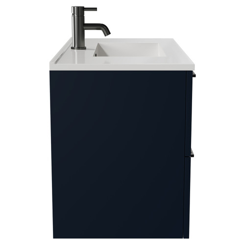 Napoli Deep Blue 800mm Wall Mounted Vanity Unit with 1 Tap Hole Minimalist Basin and 2 Drawers with Gunmetal Grey Handles Side View