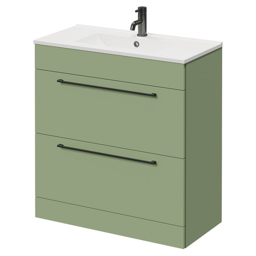 Napoli Olive Green 800mm Floor Standing Vanity Unit with 1 Tap Hole Minimalist Basin and 2 Drawers with Gunmetal Grey Handles Right Hand View