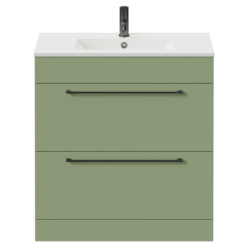 Napoli Olive Green 800mm Floor Standing Vanity Unit with 1 Tap Hole Minimalist Basin and 2 Drawers with Gunmetal Grey Handles Front View