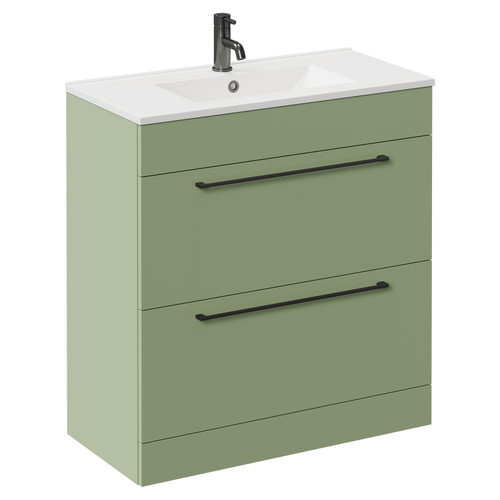 Napoli Olive Green 800mm Floor Standing Vanity Unit with 1 Tap Hole Minimalist Basin and 2 Drawers with Gunmetal Grey Handles Left Hand View
