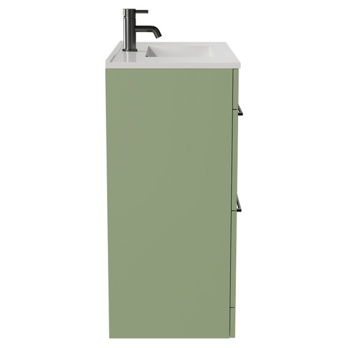 Napoli Olive Green 800mm Floor Standing Vanity Unit with 1 Tap Hole Minimalist Basin and 2 Drawers with Gunmetal Grey Handles Side View