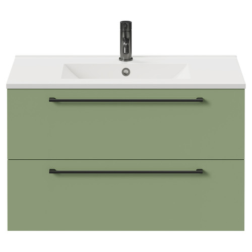 Napoli Olive Green 800mm Wall Mounted Vanity Unit with 1 Tap Hole Minimalist Basin and 2 Drawers with Gunmetal Grey Handles Front View