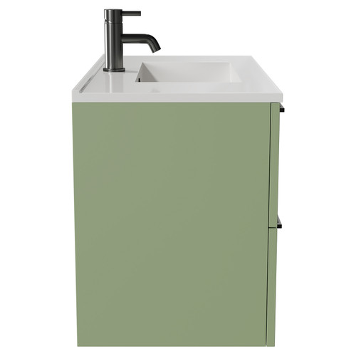 Napoli Olive Green 800mm Wall Mounted Vanity Unit with 1 Tap Hole Minimalist Basin and 2 Drawers with Gunmetal Grey Handles Side View