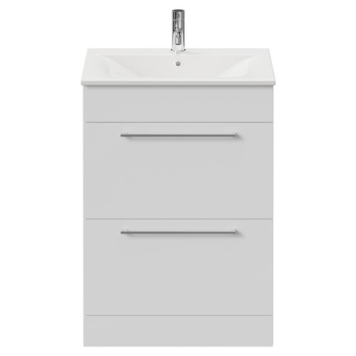 Napoli Gloss White 600mm Floor Standing Vanity Unit with 1 Tap Hole Minimalist Basin and 2 Drawers with Chrome Handles Front View