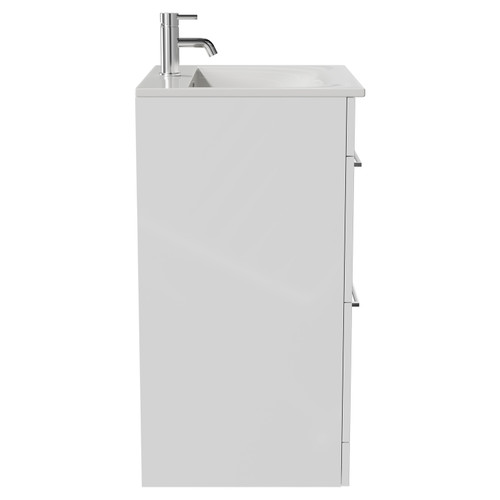 Napoli Gloss White 600mm Floor Standing Vanity Unit with 1 Tap Hole Minimalist Basin and 2 Drawers with Chrome Handles Side View