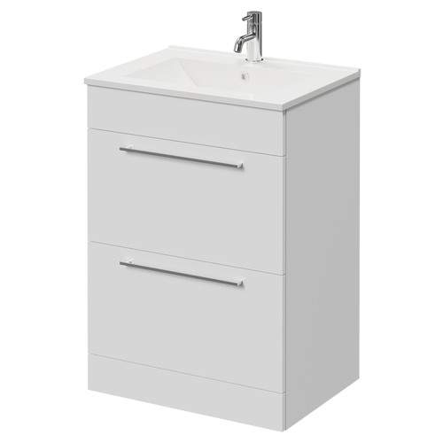 Napoli Gloss White 600mm Floor Standing Vanity Unit with 1 Tap Hole Minimalist Basin and 2 Drawers with Chrome Handles Right Hand View
