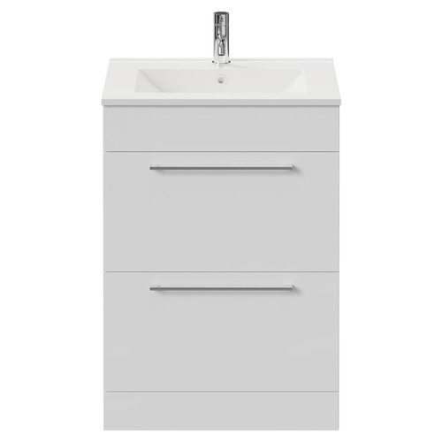 Napoli Gloss White 600mm Floor Standing Vanity Unit with 1 Tap Hole Minimalist Basin and 2 Drawers with Chrome Handles View from Front
