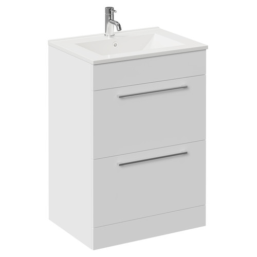Napoli Gloss White 600mm Floor Standing Vanity Unit with 1 Tap Hole Minimalist Basin and 2 Drawers with Chrome Handles Left Hand View
