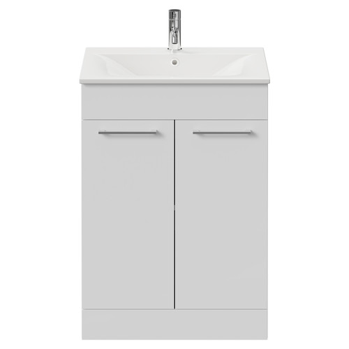 Napoli Gloss White 600mm Floor Standing Vanity Unit with 1 Tap Hole Minimalist Basin and 2 Doors with Chrome Handles Front View