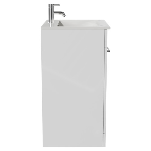 Napoli Gloss White 600mm Floor Standing Vanity Unit with 1 Tap Hole Minimalist Basin and 2 Doors with Chrome Handles Side View