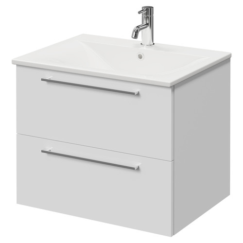 Napoli Gloss White 600mm Wall Mounted Vanity Unit with 1 Tap Hole Minimalist Basin and 2 Drawers with Chrome Handles Right Hand View