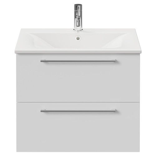 Napoli Gloss White 600mm Wall Mounted Vanity Unit with 1 Tap Hole Minimalist Basin and 2 Drawers with Chrome Handles Front View