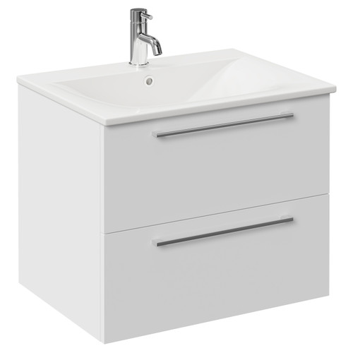 Napoli Gloss White 600mm Wall Mounted Vanity Unit with 1 Tap Hole Minimalist Basin and 2 Drawers with Chrome Handles Left Hand View