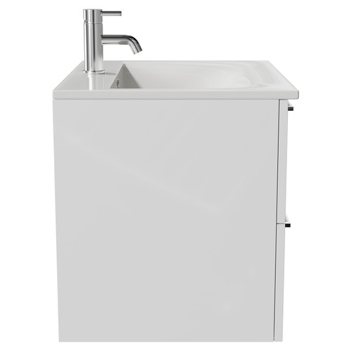 Napoli Gloss White 600mm Wall Mounted Vanity Unit with 1 Tap Hole Minimalist Basin and 2 Drawers with Chrome Handles Side View
