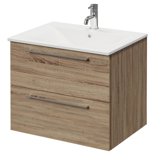 Napoli Bordalino Oak 600mm Wall Mounted Vanity Unit with 1 Tap Hole Minimalist Basin and 2 Drawers with Chrome Handles Right Hand View