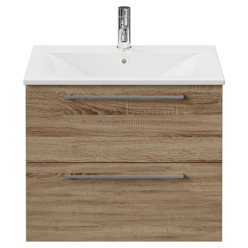 Napoli Bordalino Oak 600mm Wall Mounted Vanity Unit with 1 Tap Hole Minimalist Basin and 2 Drawers with Chrome Handles Front View