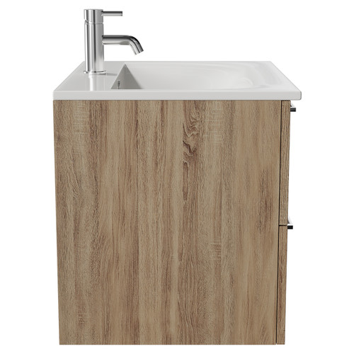Napoli Bordalino Oak 600mm Wall Mounted Vanity Unit with 1 Tap Hole Minimalist Basin and 2 Drawers with Chrome Handles Side View